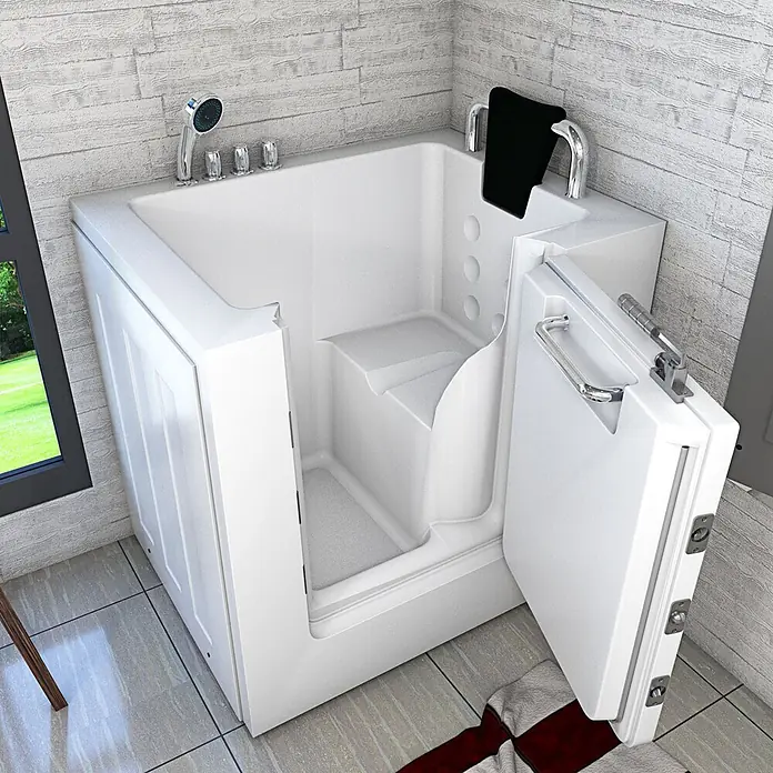 AcquaVapore Badewanne Fertigdusche S02-TH-C-R - 100 x 78 cm, Acryl, Weiß - Weiße begehbare Badewanne mit offener Tür, integriertem Sitz und Chromarmaturen in einem modernen Badezimmer.