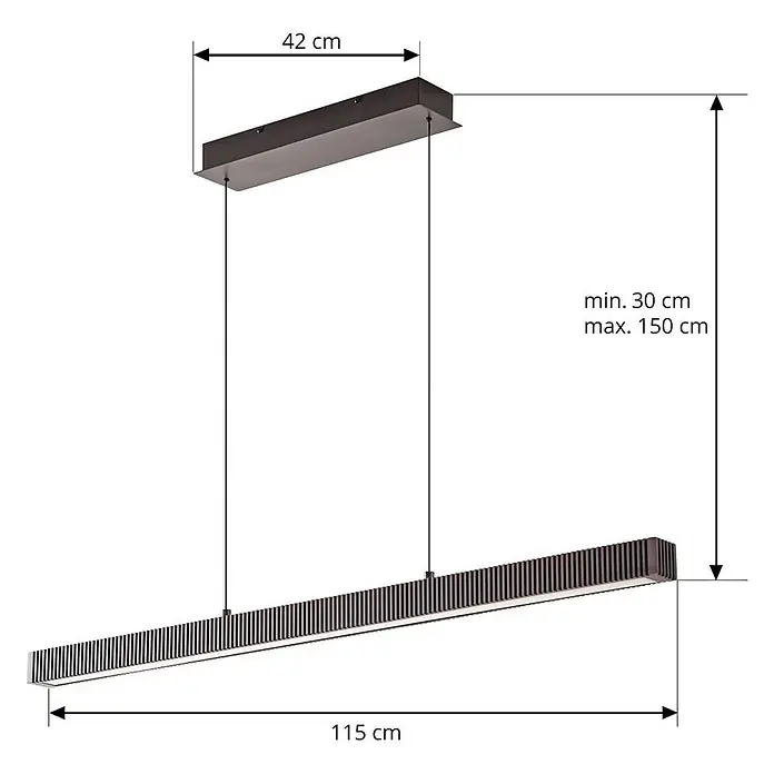 Lucande Pendelleuchte Emara - L x B x H: 115 x 10 x 5 cm, Holz dunkel, eiche dunkel, Schwarz, weiß - Dunkelbraune lineare Pendelleuchte, 115 cm lang, mit gerippten Seiten. Höhenverstellbar 30-150 cm.