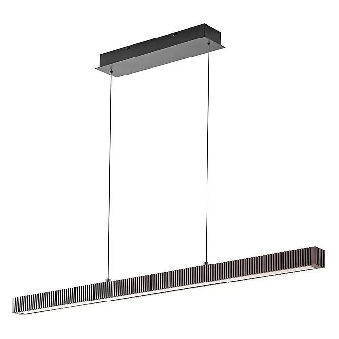Lucande Pendelleuchte Emara - L x B x H: 115 x 10 x 5 cm, Holz dunkel, eiche dunkel, Schwarz, weiß - Lineare Pendelleuchte aus Bronze mit Lamellen und LED-Streifen, von dunklem Baldachin hängend.