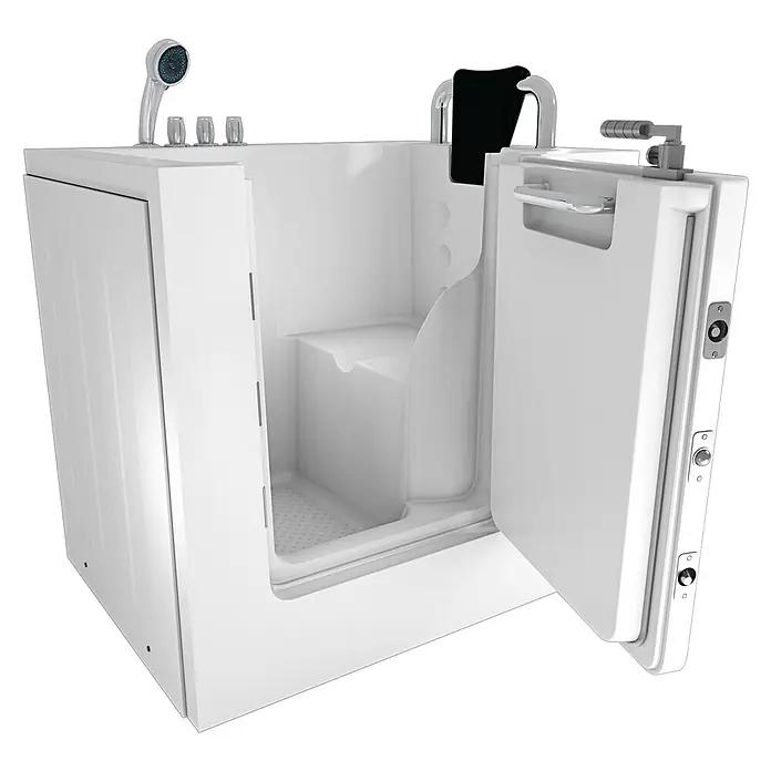 AcquaVapore Badewanne Fertigdusche S02-TH-C-R - 100 x 78 cm, Acryl, Weiß - Weiße begehbare Badewanne mit offener Tür, integriertem Sitz, Handbrause und Armaturen, für leichte Zugänglichkeit.