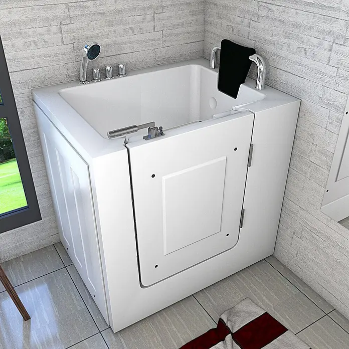 AcquaVapore Badewanne Fertigdusche S02-TH-C-R - 100 x 78 cm, Acryl, Weiß - Weiße begehbare Badewanne mit Seitentür, Duschkopf und Haltegriff für barrierefreies Baden.