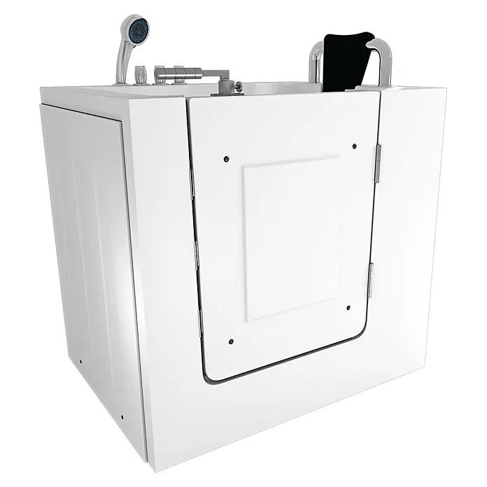 AcquaVapore Badewanne Fertigdusche S02-TH-C-R - 100 x 78 cm, Acryl, Weiß - Weiße begehbare Badewanne mit Vordertür, integriertem Sitz, Handbrause und Chromarmaturen für barrierefreies Baden.