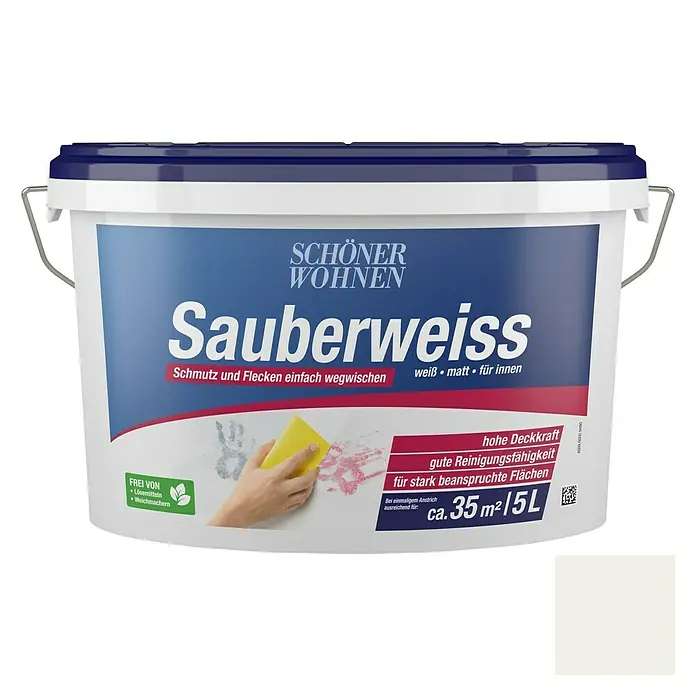 SCHÖNER WOHNEN-Farbe Wandfarbe Sauberweiß - Weiß, 5 l, Matt - Dose Schönner Wohnen Sauberweiss Innenfarbe, weiß matt, hohe Deckkraft, reinigungsfähig, für ca. 35 m²/5L.