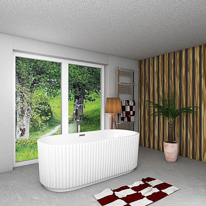 AcquaVapore Freistehende Badewanne Fertigdusche F08-170-AF05 - L x B: 170 x 80 cm, Acryl, Weiß - Weiße gerillte freistehende Badewanne mit integrierter Armatur in einem modernen Badezimmer.
