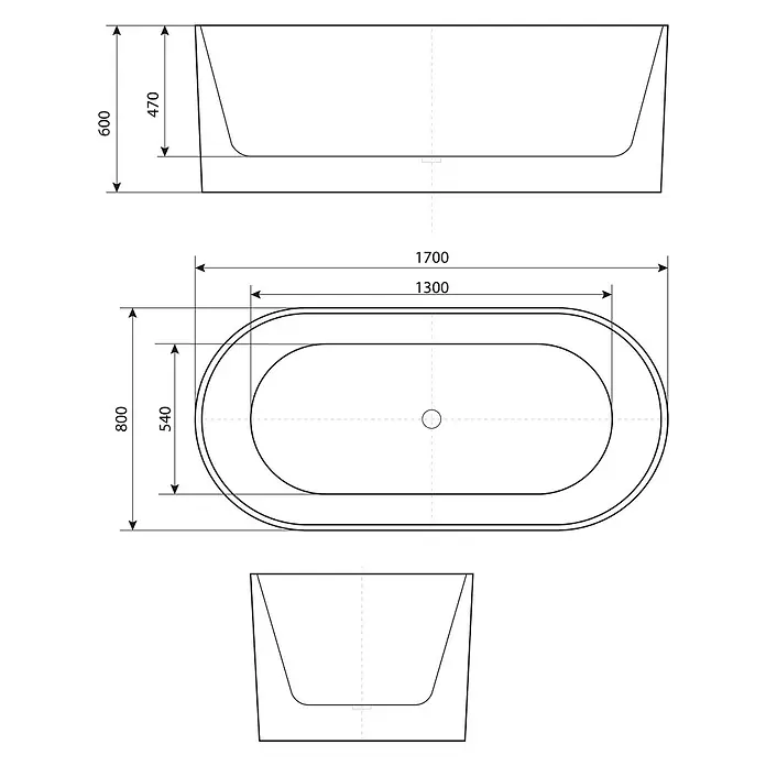 AcquaVapore Freistehende Badewanne Fertigdusche F08-170-AF02 - L x B: 170 x 80 cm, Acryl, Weiß - Technisches Zeichnung einer ovalen Badewanne mit Hauptmaßen: 1700mm Länge, 800mm Breite, 600mm Höhe.