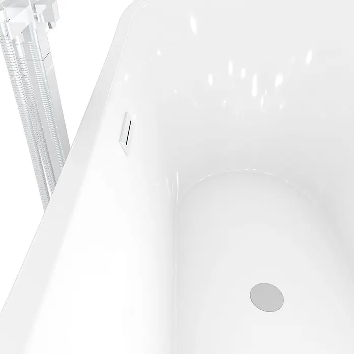 AcquaVapore Freistehende Badewanne Fertigdusche F03-180-AF05 - L x B: 180 x 80 cm, Acryl, Weiß - Detailansicht einer weißen Badewanne mit modernem Abfluss und integriertem Überlauf/Befüller.