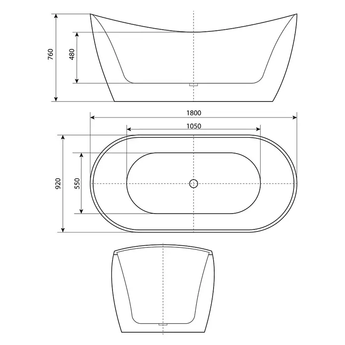 AcquaVapore Freistehende Badewanne Fertigdusche F03-180-AF03 - L x B: 180 x 80 cm, Acryl, Weiß - Detaillierte technische Zeichnung einer ovalen freistehenden Badewanne mit Länge 1800mm, Breite 920mm und Höhe 760mm.