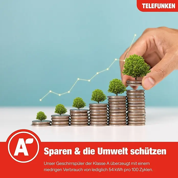 Telefunken Einbaugeschirrspüler GET6014AI - Anzahl Maßgedecke: 14 Stk., Teilintegriert - Münzstapel mit Bäumen, die Sparen und Umweltschutz symbolisieren. Eine Hand setzt einen Baum auf einen Münzstapel, zeigt Aufwärtstrend.