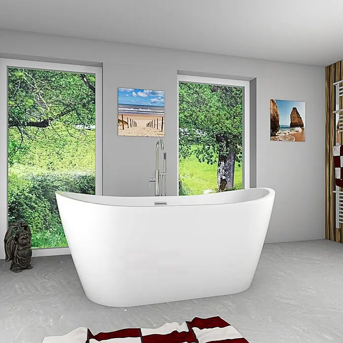 AcquaVapore Freistehende Badewanne Fertigdusche F03-180-AF02 - L x B: 180 x 80 cm, Acryl, Weiß - Weiß freistehende Badewanne mit modernem Design in einem hellen Badezimmer mit großen Fenstern.