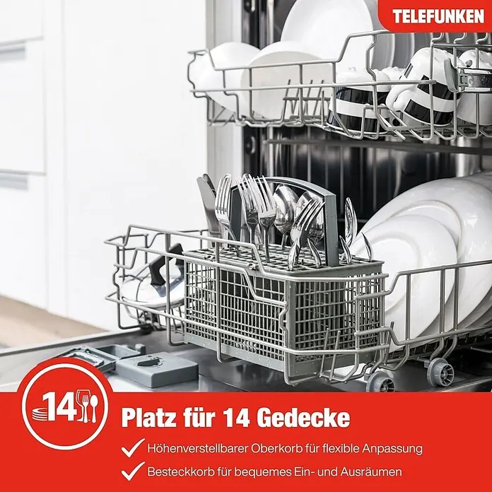 Telefunken Einbaugeschirrspüler GET6014AI - Anzahl Maßgedecke: 14 Stk., Teilintegriert - Geschirrspüler-Innenraum mit 14 Maßgedecken, weißen Tellern, Tassen und Besteckkorb. Mit höhenverstellbarem Oberkorb.