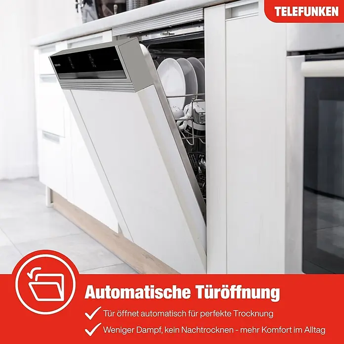 Telefunken Einbaugeschirrspüler GET6014AI - Anzahl Maßgedecke: 14 Stk., Teilintegriert - Ein weißer Telefunken Geschirrspüler mit offener Tür und Geschirr, hebt die automatische Türöffnung hervor.