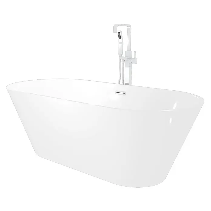 AcquaVapore Freistehende Badewanne Fertigdusche F01-170-AF05 - L x B: 170 x 80 cm, Acryl, Weiß - Weiße freistehende Badewanne mit bodenstehender Armatur und Handbrause.