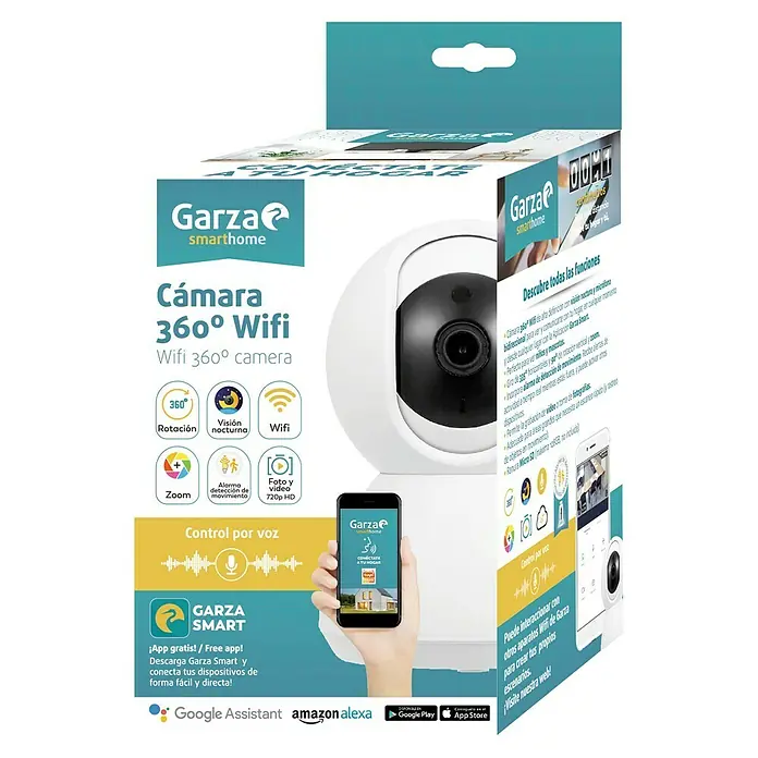 Garza Smart Home Cámara de vigilancia WiFi -  - Imagen del producto de la cámara WiFi Garza Smarthome 360°, que muestra sus funciones de visión nocturna, detección de movimiento y control por voz.