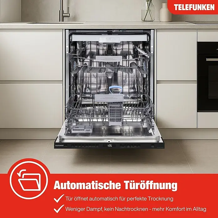 Telefunken Einbaugeschirrspüler GEV6014A - Anzahl Maßgedecke: 14 Stk., Vollintegriert - Einbau-Telefunken-Geschirrspüler, Tür leicht geöffnet zeigt Edelstahl-Innenraum und Körbe. Digitale Anzeige zeigt '1:26'.