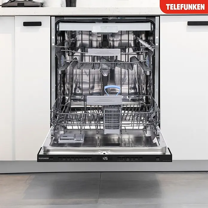Telefunken Einbaugeschirrspüler GEV6014A - Anzahl Maßgedecke: 14 Stk., Vollintegriert - Offener Telefunken Einbau-Geschirrspüler mit Edelstahl-Innenraum, grauen Körben und schwarzem Bedienfeld, Anzeige 1:26.