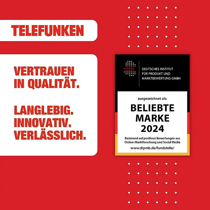Telefunken Einbaugeschirrspüler GEV6014A - Anzahl Maßgedecke: 14 Stk., Vollintegriert - TELEFUNKEN Werbegrafik. Text: 'Vertrauen in Qualität. Langlebig. Innovativ. Verlässlich.' Ausgezeichnet als 'Beliebte Marke 2024' vom Deutschen Institut.