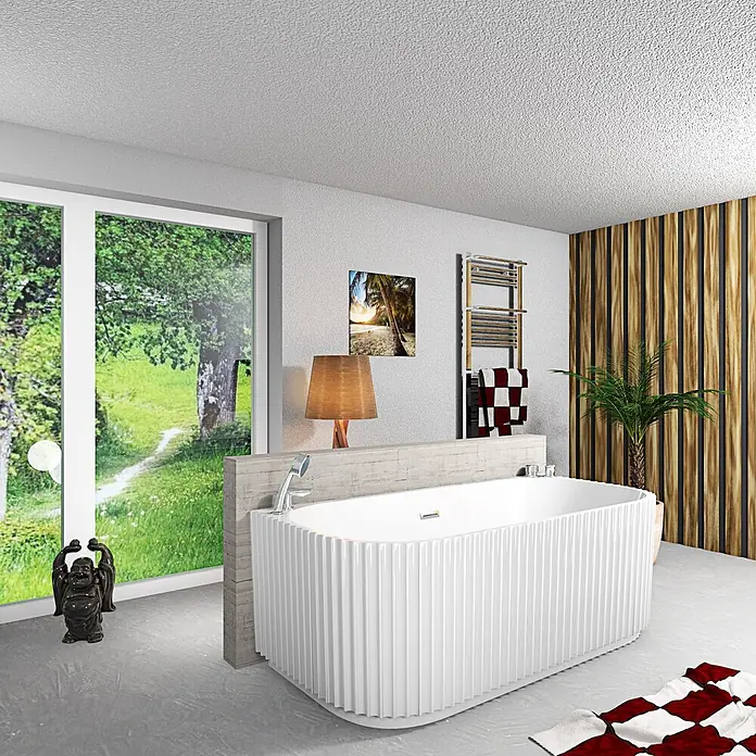 AcquaVapore Freistehende Badewanne Fertigdusche F07-170-K - L x B: 170 x 80 cm, Acryl, Weiß - Weiße freistehende Badewanne mit geriffelter Seitenwand, in einem modernen Badezimmer vor einem Fenster platziert.