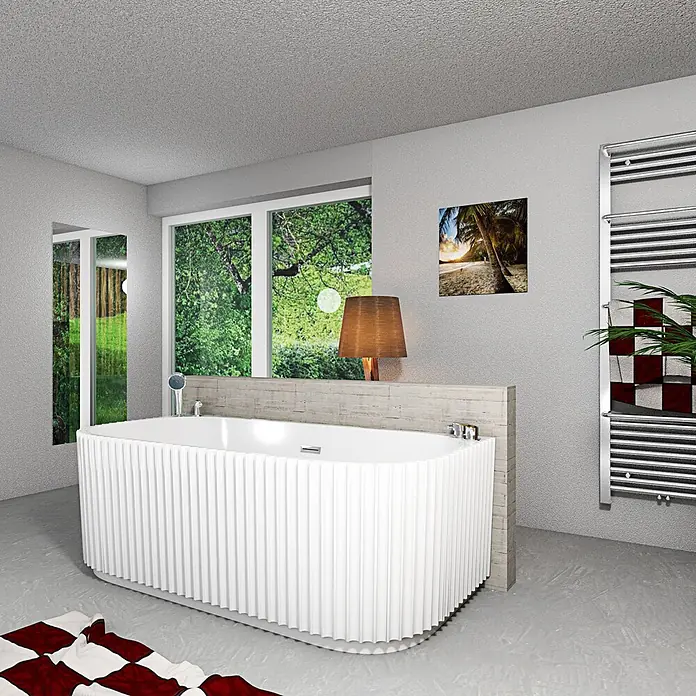 AcquaVapore Freistehende Badewanne Fertigdusche F07-170-K - L x B: 170 x 80 cm, Acryl, Weiß - Weiße freistehende Badewanne mit markanter geriffelter Außenseite in einem modernen Badezimmer.