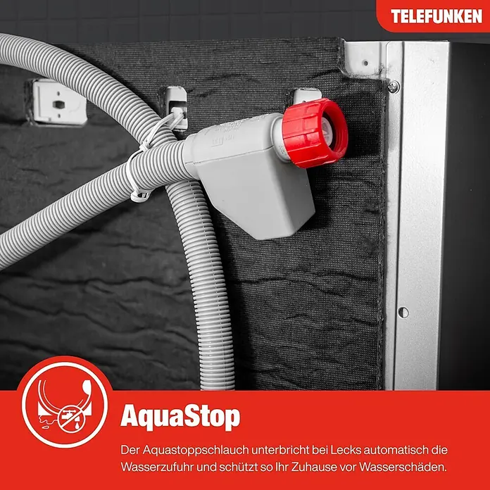 Telefunken Einbaugeschirrspüler GEV6014A - Anzahl Maßgedecke: 14 Stk., Vollintegriert - Grauer Aquastop-Zulaufschlauch mit rotem Anschluss schützt Haushaltsgeräte vor Wasserschäden.