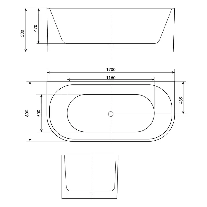 AcquaVapore Freistehende Badewanne Fertigdusche F07-170-B - L x B: 170 x 80 cm, Acryl, Weiß - Technische Zeichnung einer Badewanne mit Maßen in Draufsicht, Seitenansicht und Vorderansicht.