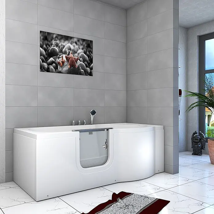 AcquaVapore Badewanne Fertigdusche S12-TH-L - 170 x 85 cm, Acryl, Weiß - Weiße, begehbare Badewanne mit klarer Glastür und integriertem Duschkopf in einem modernen Badezimmer.