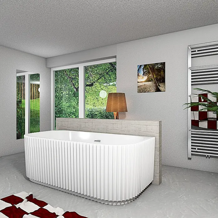 AcquaVapore Freistehende Badewanne Fertigdusche F07-170-B - L x B: 170 x 80 cm, Acryl, Weiß - Weiße geriffelte Badewanne in einem modernen Badezimmer, vor einer Holztrennwand platziert, mit Blick ins Grüne.