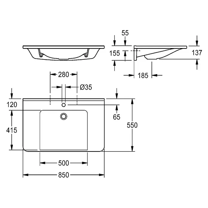 KWC Waschtisch KWC AR Einzelwaschtisch, MEDCARE, MIRANIT, 850x150x550 mm, weiß, Hahnloch - 18 x 105 cm, Hahnloch: Mitte, Ohne Überlauf, Alpinweiß - Technische Zeichnung eines weißen Keramik-Waschbeckens mit Maßen.