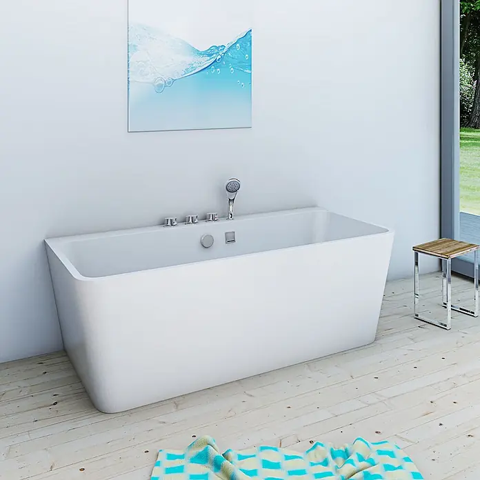 AcquaVapore Freistehende Badewanne Fertigdusche F05-170-K - L x B: 170 x 80 cm, Acryl, Weiß - Weiße freistehende Badewanne mit sichtbaren Armaturen und Brausekopf in einem modernen Badezimmer.