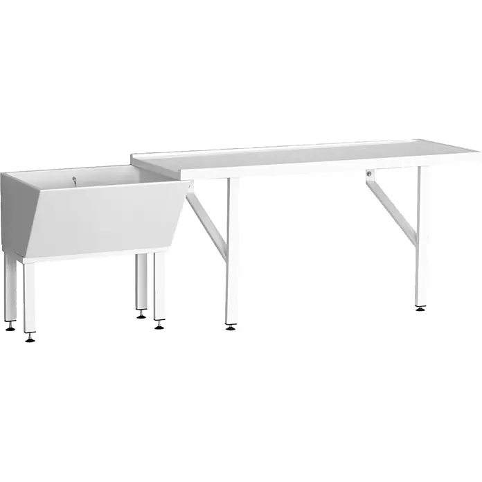 KWC Waschtisch KWC AR Putztischanlage, SIRIUS, MIRANIT, 2300x805x650 mm, Platte 1600 mm - 80 x 180 cm, Hahnloch: Ohne, Ohne Überlauf, Alpinweiß - Weißes Spülbecken mit integrierter Arbeitsplatte, stabilen Beinen und funktionalem Design.