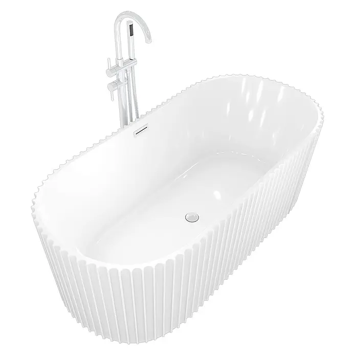 AcquaVapore Freistehende Badewanne Fertigdusche F08-170-AF04 - L x B: 170 x 80 cm, Acryl, Weiß - Weiß ovale freistehende Badewanne mit geriffelter Außenseite und chromfarbener Standarmatur.