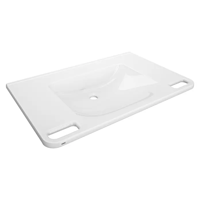 KWC Waschtisch KWC AR Einzelwaschtisch, MEDCARE, MIRANIT, 850x150x550 mm, weiß, Griff - 18 x 105 cm, Hahnloch: Ohne, Ohne Überlauf, Alpinweiß - Weißes, rechteckiges Waschbecken mit integrierter Ablage und zwei seitlichen Griffmulden, zentralem Abfluss.