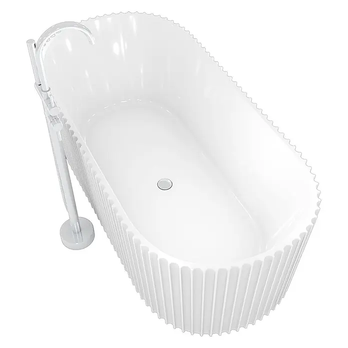 AcquaVapore Freistehende Badewanne Fertigdusche F08-170-AF04 - L x B: 170 x 80 cm, Acryl, Weiß - Weiße, ovale freistehende Badewanne mit geriffelter Außenseite und bodenstehender Chromarmatur.