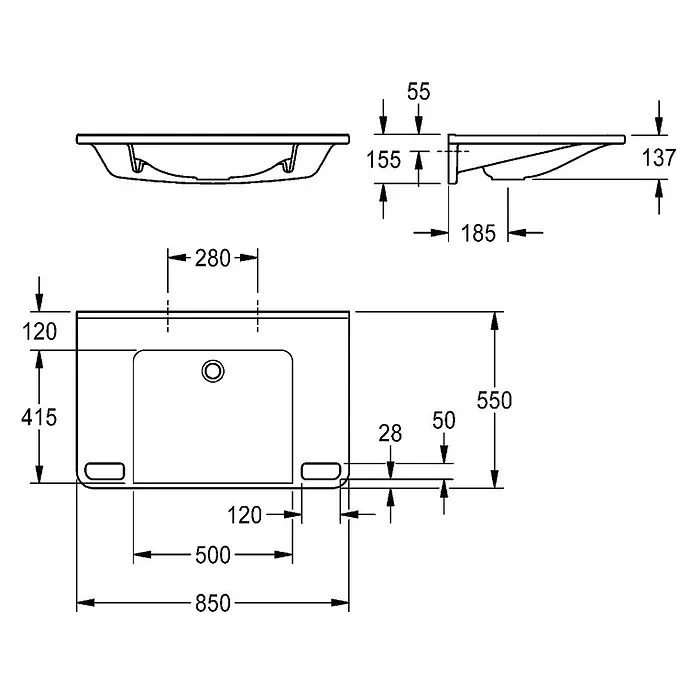 KWC Waschtisch KWC AR Einzelwaschtisch, MEDCARE, MIRANIT, 850x150x550 mm, weiß, Griff - 18 x 105 cm, Hahnloch: Ohne, Ohne Überlauf, Alpinweiß - Technische Zeichnung eines rechteckigen Waschbeckens mit integriertem Becken, Draufsicht, Vorderansicht und Seitenansicht mit Maßen.