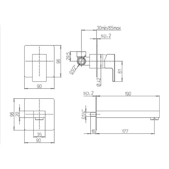 Kiamami Valentina Waschtischarmatur - Silber - Technische Zeichnung eines Unterputz-Armaturensets mit quadratischem Design und G1/2"- und G1/4"-Anschlüssen.