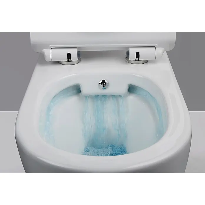 Glasdeals Wand-Dusch-WC TAHARET - Spülrandlos, Spülform: Tief, WC Abgang: Waagerecht, Weiß - Weißes Keramik-WC mit offener Brille, spült blaues Wasser.