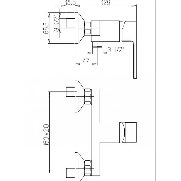 Kiamami Valentina Badewannenarmatur - Silber - Technische Zeichnung eines wandmontierten Duschmischers mit G 1/2 Zoll Anschlüssen und Installationsmaßen.