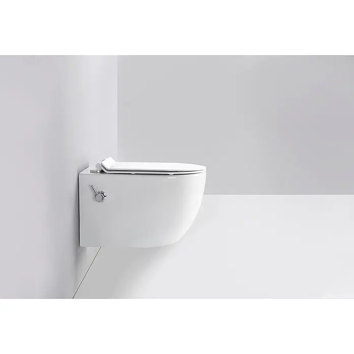 Glasdeals Wand-Dusch-WC TAHARET - Spülrandlos, Spülform: Tief, WC Abgang: Waagerecht, Weiß - Weißes wandhängendes WC mit integriertem Bidethebel.