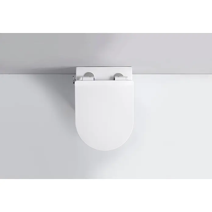 Glasdeals Wand-Dusch-WC TAHARET - Spülrandlos, Spülform: Tief, WC Abgang: Waagerecht, Weiß - Weißer Toilettensitz mit Deckel, von oben gesehen.