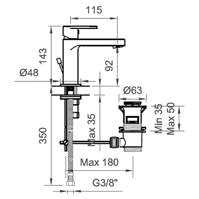 Kiamami Valentina Waschtischarmatur - Silber - Technische Zeichnung einer modernen Einhebel-Waschtischarmatur mit Ablaufgarnitur, inkl. Maße und G3/8" Anschluss.