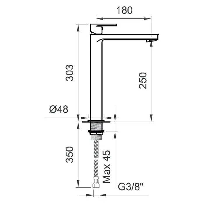 Kiamami Valentina Waschtischarmatur - Silber - Technische Zeichnung eines Wasserhahns mit Maßen: Gesamthöhe 303 mm, Ausladung 180 mm, Basis Ø48 mm, und G3/8" Anschluss.