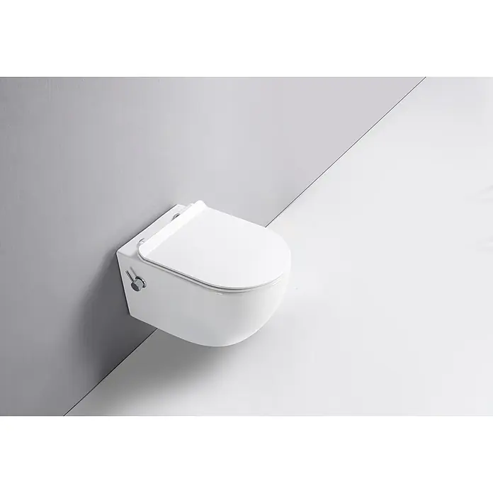 Glasdeals Wand-Dusch-WC TAHARET - Spülrandlos, Spülform: Tief, WC Abgang: Waagerecht, Weiß - Weißes wandhängendes WC mit geschlossenem Deckel und Chrom-Bidet-Bedienhebel.