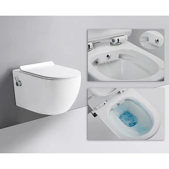 Glasdeals Wand-Dusch-WC TAHARET - Spülrandlos, Spülform: Tief, WC Abgang: Waagerecht, Weiß - Weißes wandhängendes WC mit integrierter Bidetfunktion, Wassersprühstrahl und Spülung zeigend.