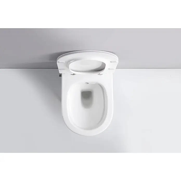 Glasdeals Wand-Dusch-WC TAHARET - Spülrandlos, Spülform: Tief, WC Abgang: Waagerecht, Weiß - Weißes Keramik-WC mit geöffnetem Toilettensitz und Deckel.