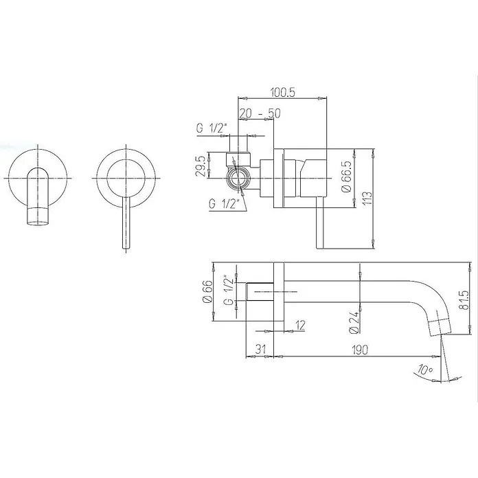 Kiamami Valentina Waschtischarmatur - Silber - Technische Zeichnung eines modernen Wasserhahns mit integrierter Steuerung und gebogenem Auslauf. Detaillierte Maße und G 1/2"-Anschlüsse sind angegeben.