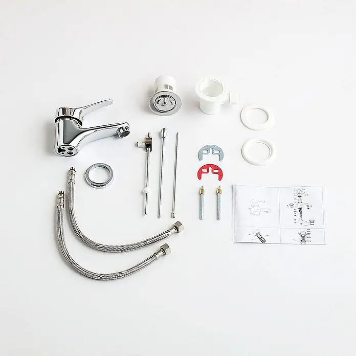 Kiamami Valentina Badewannenarmatur - Silber - Verchromtes Einhebel-Waschtischarmaturen-Set mit Anschlussschläuchen, Ablaufgarnitur und Montagematerial.