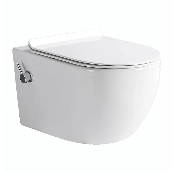 Glasdeals Wand-Dusch-WC TAHARET - Spülrandlos, Spülform: Tief, WC Abgang: Waagerecht, Weiß - Weißes wandhängendes WC mit geschlossenem Deckel und seitlichem Chromhebel für integrierte Bidetfunktion.