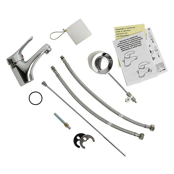Kiamami Valentina Waschtischarmatur - Silber - Verchromtes Einhebel-Wasserhahn-Set mit zwei geflochtenen Schläuchen, Pop-up-Ablaufgarnitur und Montagematerial.