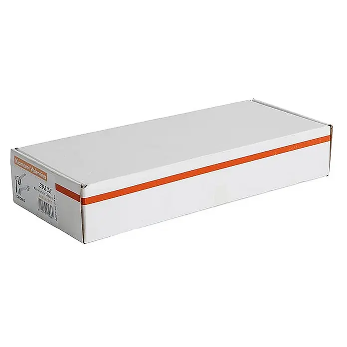 Kiamami Valentina Waschtischarmatur - Silber - Weißer Karton mit orangefarbenem Streifen und Kiamami Valentina Produktetikett.