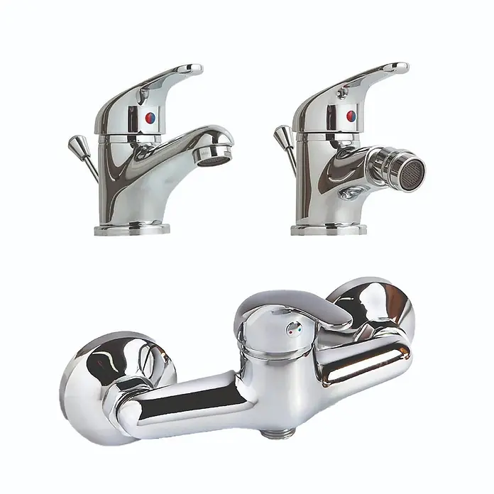 Kiamami Valentina Badewannenarmatur - Silber - Satz von drei verchromten Einhebelmischern, darunter Waschbecken-, Bidet- und Wandmodelle.
