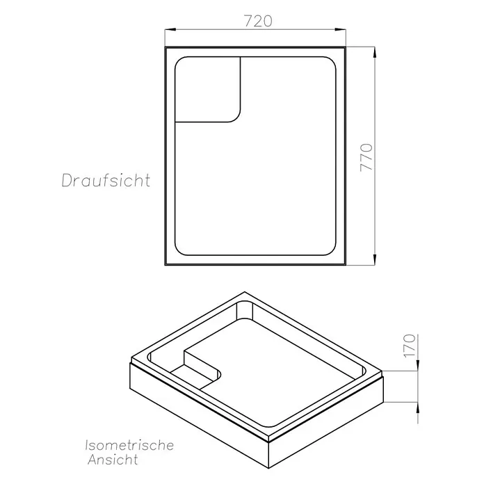 Ottofond Duschwannenträger Manila - L x B: 77 x 72 cm, Expandiertes Polystyrol, Weiß - Abbildung einer Duschwanne mit den Maßen 720 x 770 mm in Draufsicht und einer Höhe von 170 mm in isometrischer Ansicht.